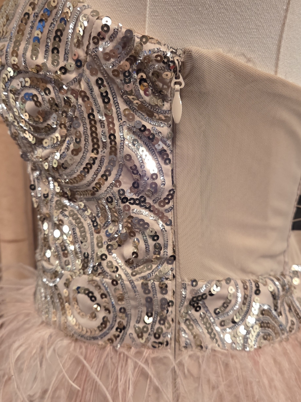 Vintage bebe Silver/Gold Sequin Bodice with Blush Feather Mini Dress. Medium - Picture 3 of 11